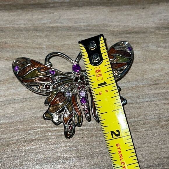 Vintage Monet Metalwork With Purple Lavender Pink Rhinestones Enameled Wings - Picture 6 of 9